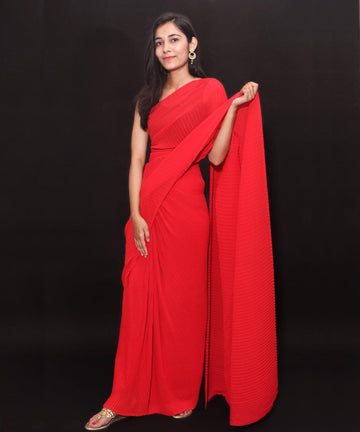 Red Colour Pleated Georgette  Saree